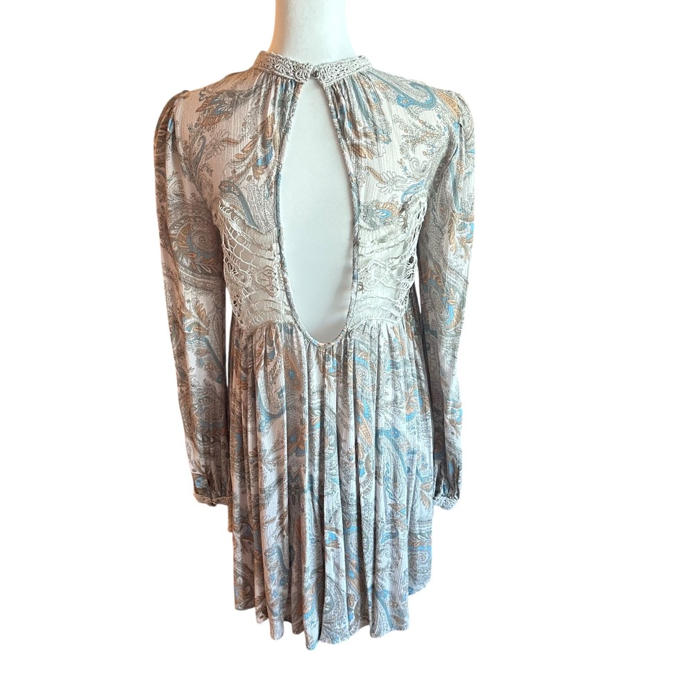 Free People Dress Size Small Sweet Thing Paisley Print Mini Dress Crochet Detail - Picture 4 of 11